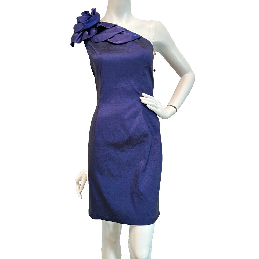 Cache Dress Statement Satin Floral One Shoulder Stretch Taffeta Zip Blue 8 EUC